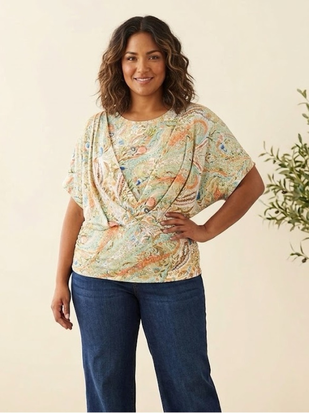 Paisley Print Dolman Blouse in Mint & Coral